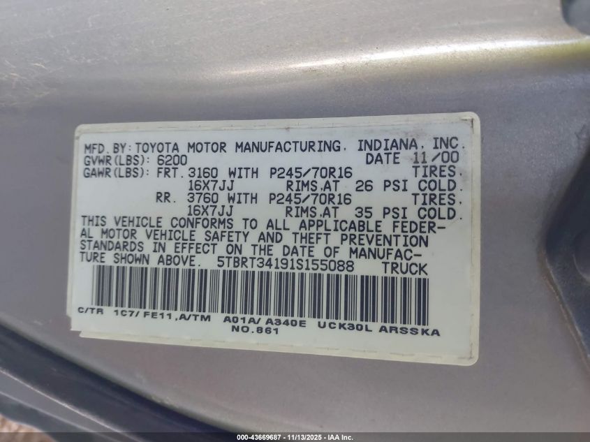 2001 Toyota Tundra Sr5 VIN: 5TBRT34191S155088 Lot: 43669687