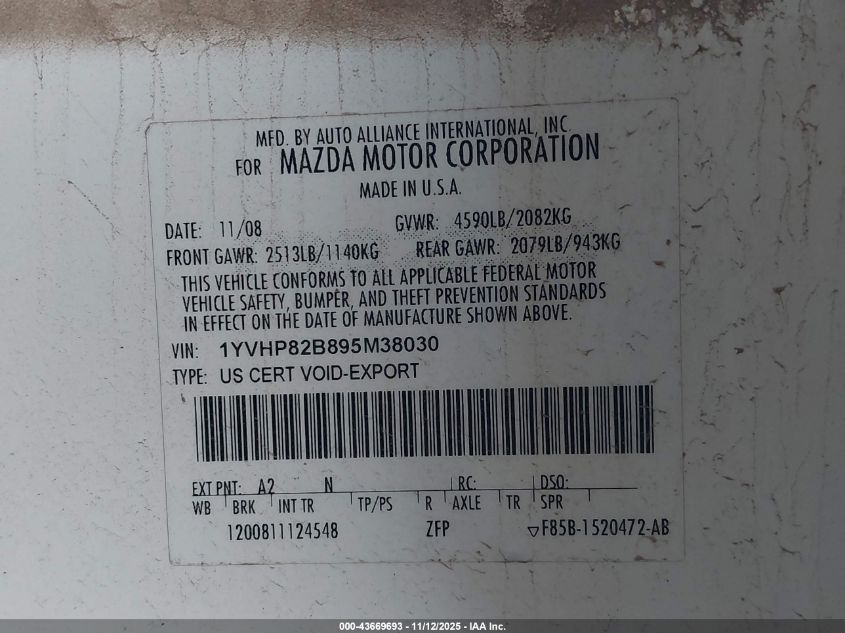 2009 Mazda Mazda6 S Grand Touring/S Touring VIN: 1YVHP82B895M38030 Lot: 43669693