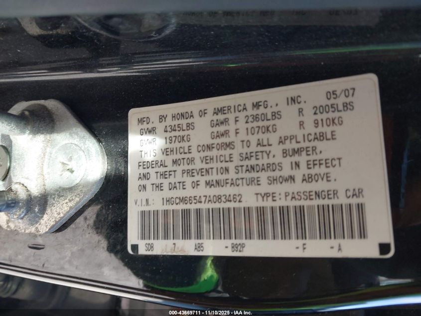 2007 Honda Accord 3.0 Ex VIN: 1HGCM66547A083462 Lot: 43669711
