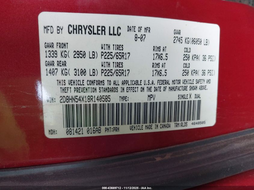 2008 Dodge Grand Caravan Sxt VIN: 2D8HN54X18R140585 Lot: 43669712