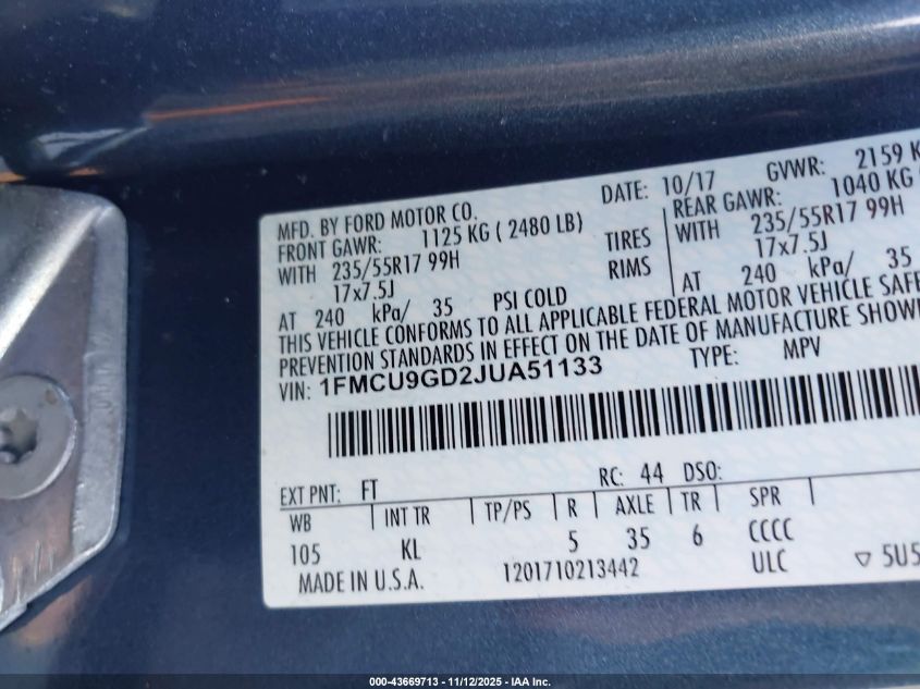 2018 Ford Escape Se VIN: 1FMCU9GD2JUA51133 Lot: 43669713