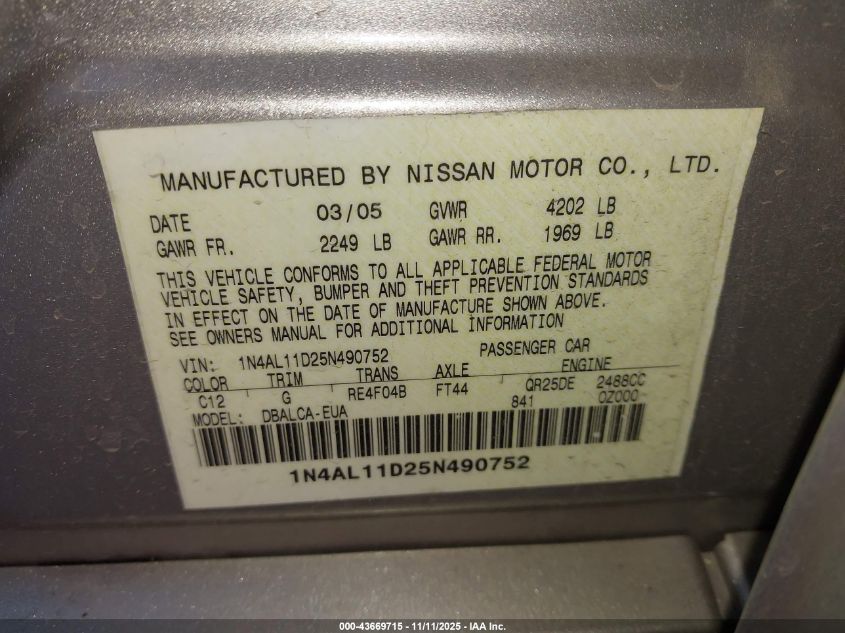 2005 Nissan Altima 2.5 S VIN: 1N4AL11D25N490752 Lot: 43669715