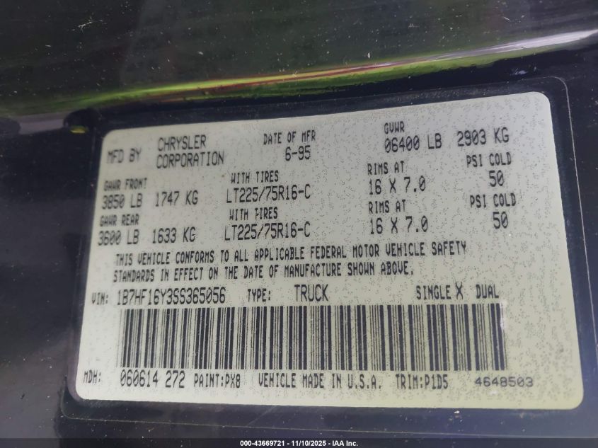 1995 Dodge Ram 1500 VIN: 1B7HF16Y3SS365056 Lot: 43669721