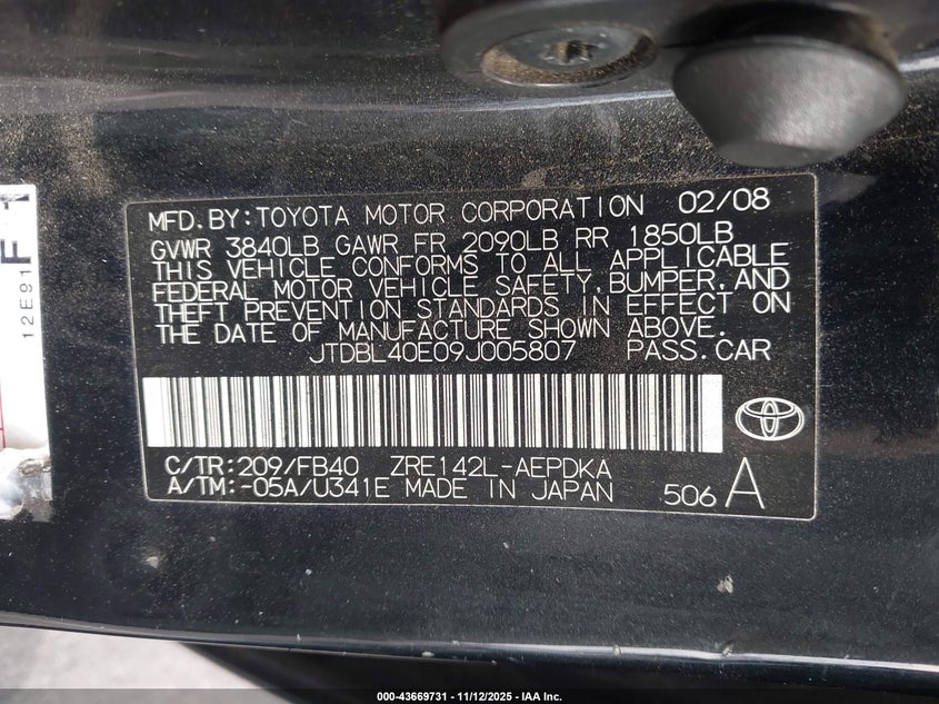 JTDBL40E09J005807 2009 TOYOTA COROLLA photo no. 9