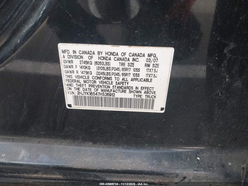 2007 Honda Ridgeline Rtl VIN: 2HJYK16547H536912 Lot: 43669734