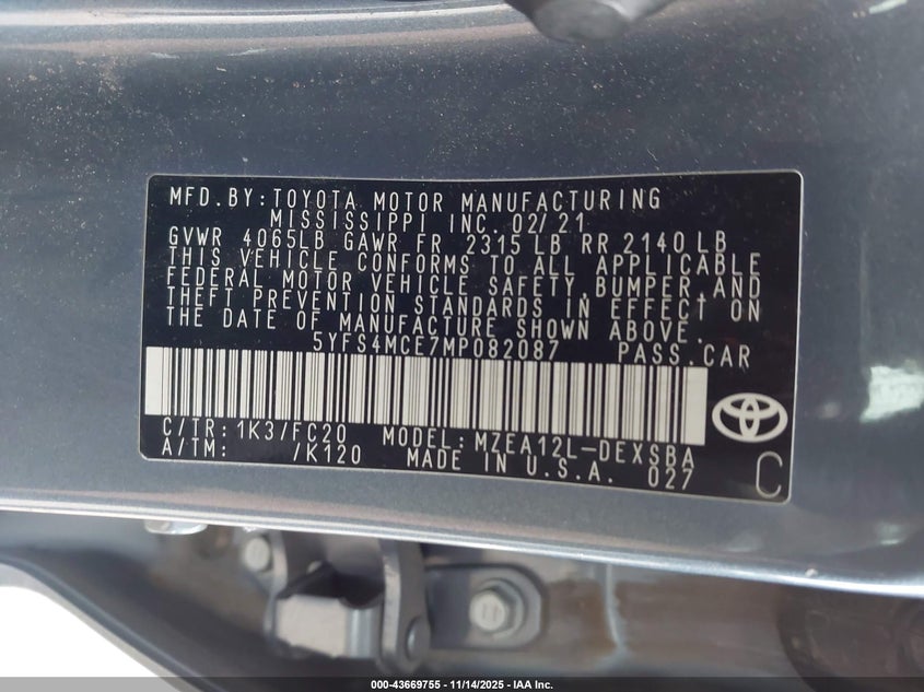 5YFS4MCE7MP082087 2021 TOYOTA COROLLA photo no. 9