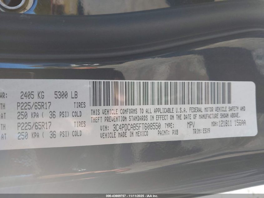 2015 Dodge Journey American Value Pkg VIN: 3C4PDCAB5FT608550 Lot: 43669757