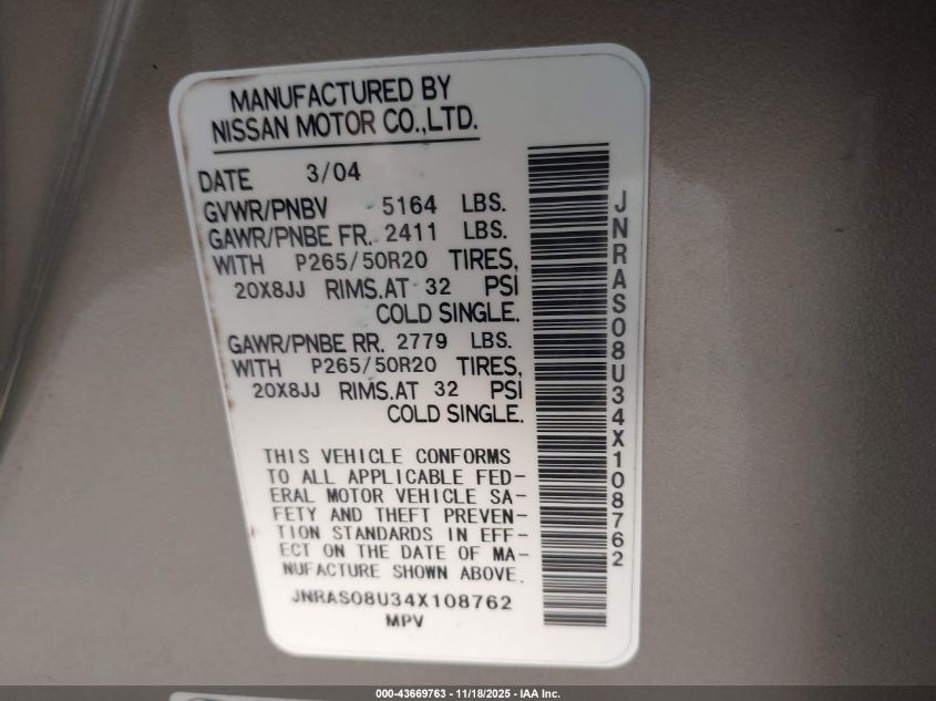 2004 Infiniti Fx35 VIN: JNRAS08U34X108762 Lot: 43669763