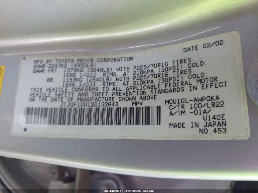 2002 Lexus Rx 300 VIN: JTJGF10U120132643 Lot: 43669777