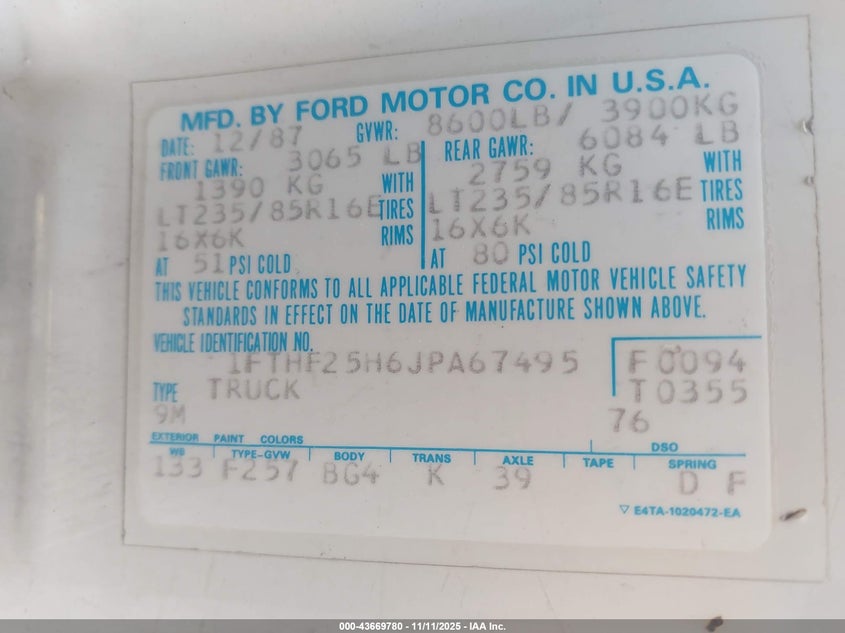1FTHF25H6JPA67495 1988 FORD F250 photo no. 9