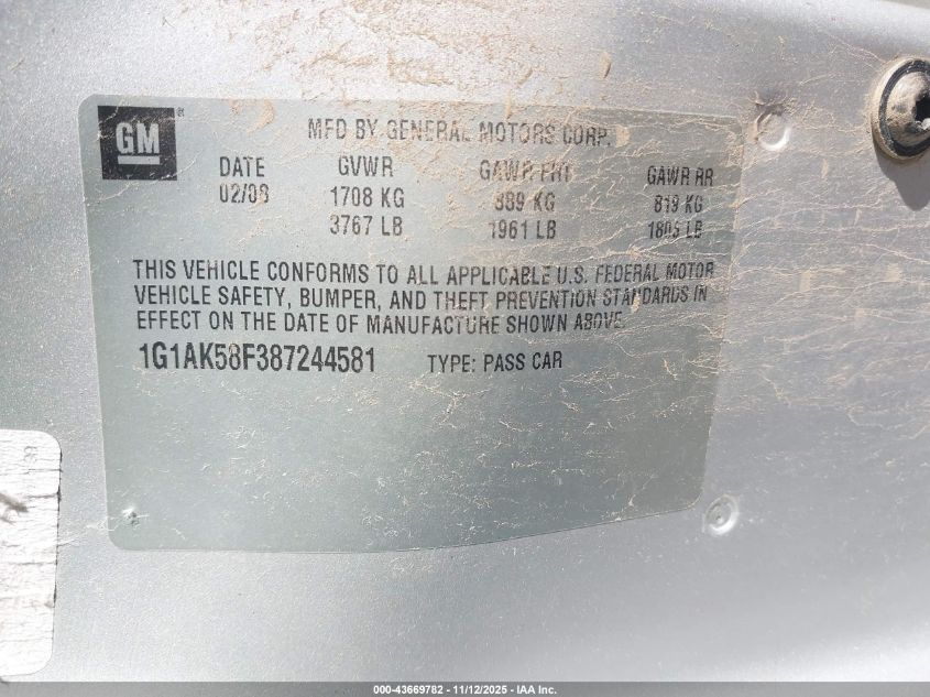 2008 Chevrolet Cobalt Ls VIN: 1G1AK58F387244581 Lot: 43669782