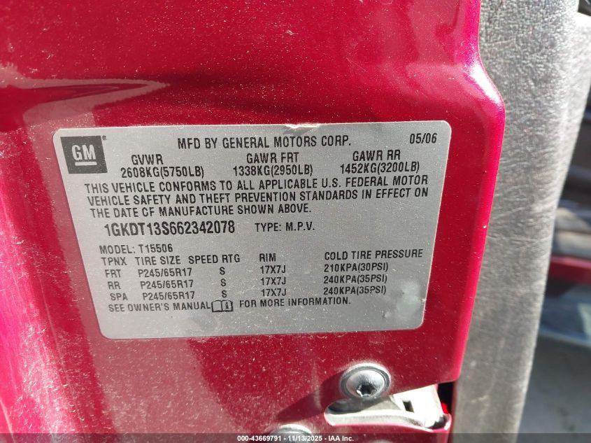 2006 GMC Envoy Slt VIN: 1GKDT13S662342078 Lot: 43669791