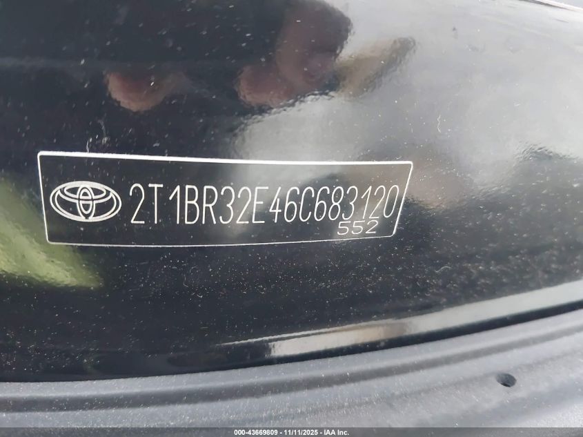 2006 Toyota Corolla Le VIN: 2T1BR32E46C683120 Lot: 43669809