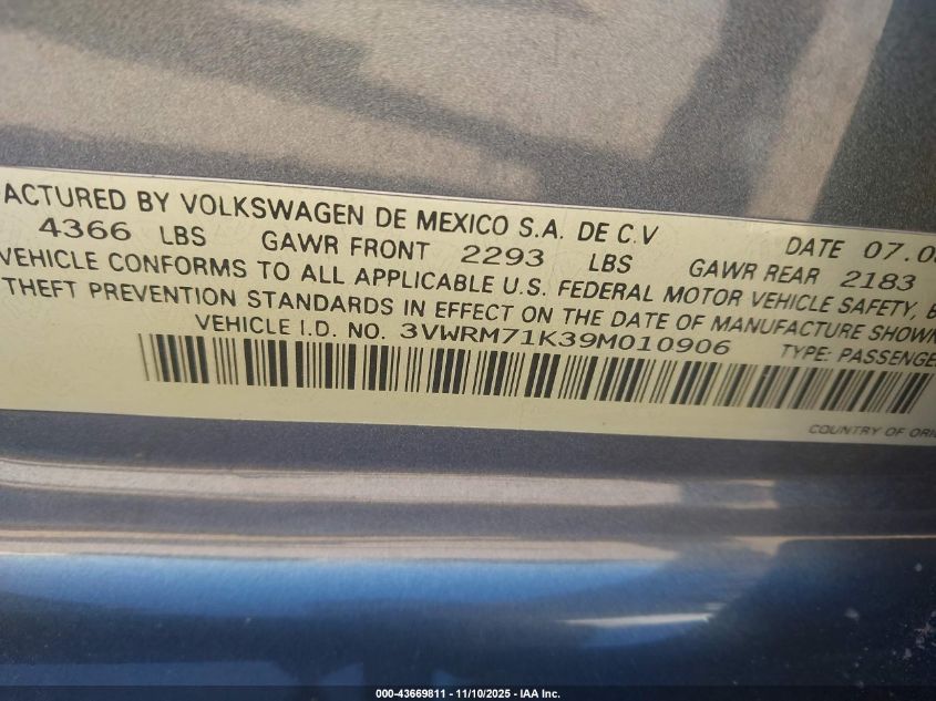 2009 Volkswagen Jetta Se/Sel VIN: 3VWRM71K39M010906 Lot: 43669811