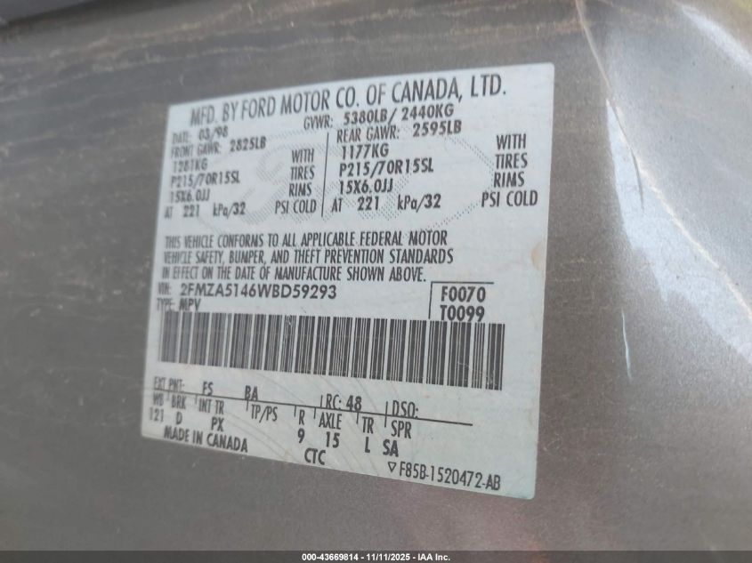 1998 Ford Windstar Gl/Limited/Lx VIN: 2FMZA5146WBD59293 Lot: 43669814