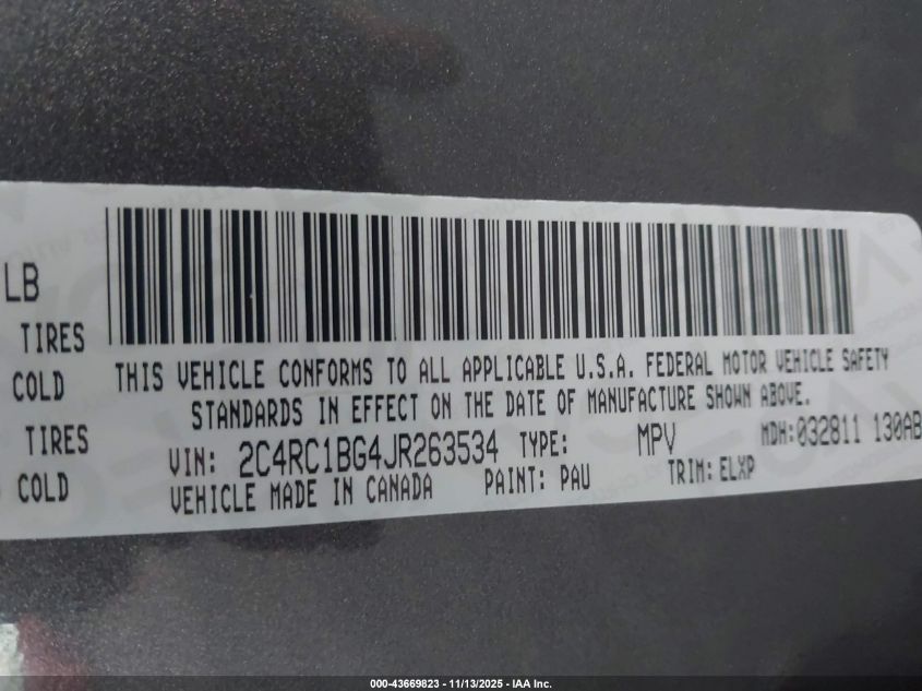 2018 Chrysler Pacifica Touring L VIN: 2C4RC1BG4JR263534 Lot: 43669823