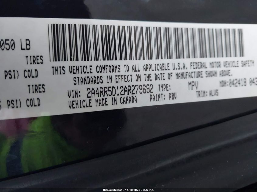 2010 Chrysler Town & Country Touring VIN: 2A4RR5D12AR279692 Lot: 43669841