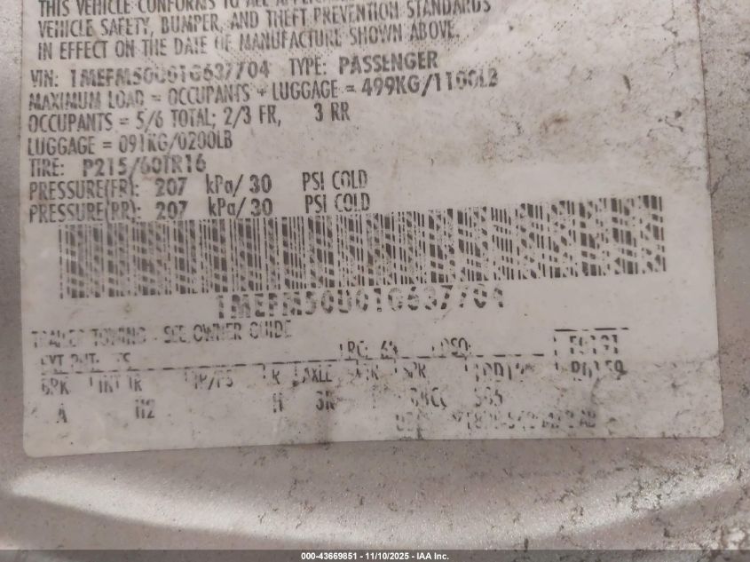 2001 Mercury Sable Gs VIN: 1MEFM50U01G637704 Lot: 43669851