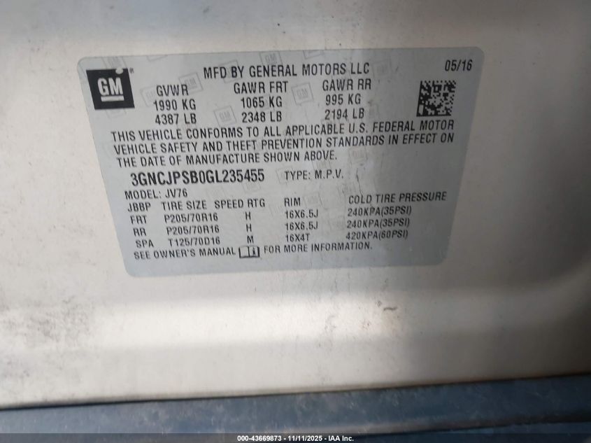 2016 Chevrolet Trax Lt VIN: 3GNCJPSB0GL235455 Lot: 43669873