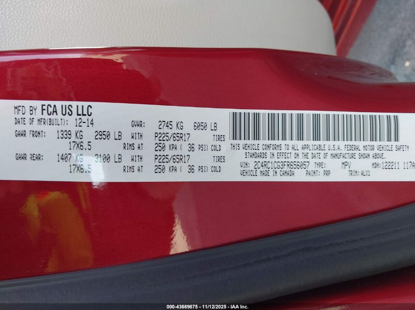 2015 Chrysler Town & Country Touring-L VIN: 2C4RC1CG3FR656057 Lot: 43669875