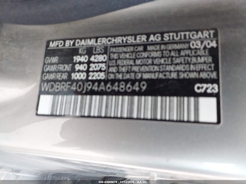 WDBRF40J94A648649 2004 MERCEDES-BENZ C-KLASSE photo no. 9