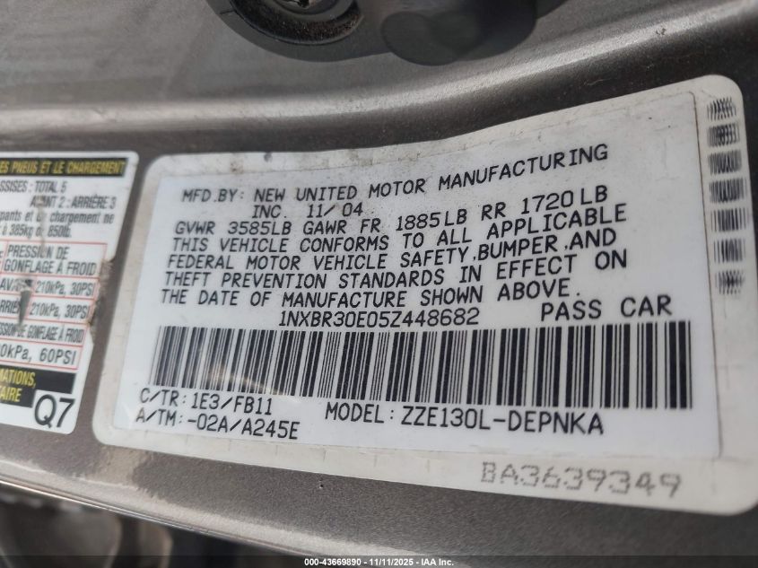 2005 Toyota Corolla Le VIN: 1NXBR30E05Z448682 Lot: 43669890