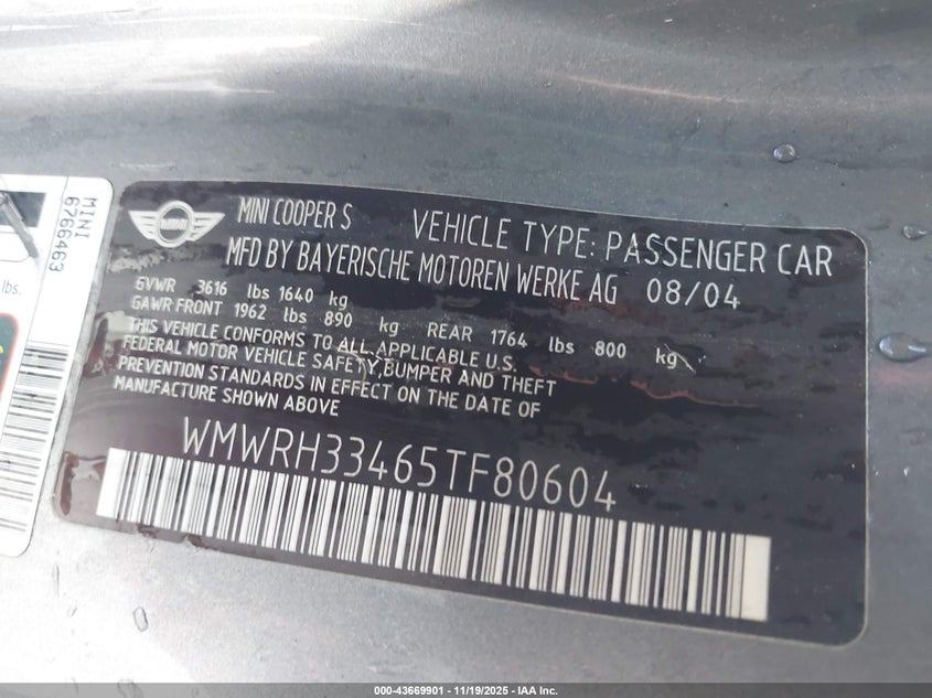 2005 Mini Cooper S VIN: WMWRH33465TF80604 Lot: 43669901