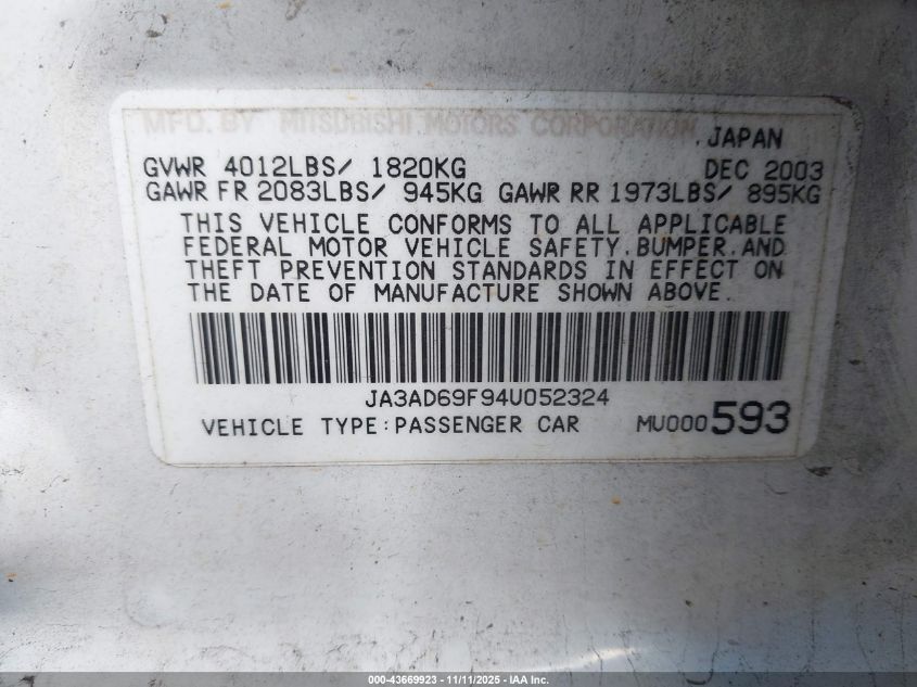 2004 Mitsubishi Lancer Sportback Ralliart VIN: JA3AD69F94U052324 Lot: 43669923