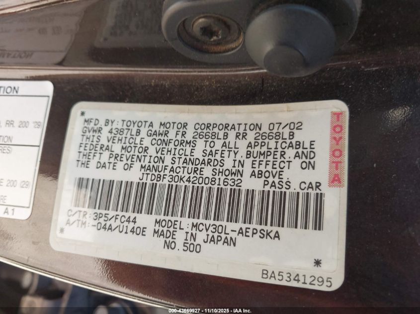 2002 Toyota Camry Se V6 VIN: JTDBF30K420081632 Lot: 43669927