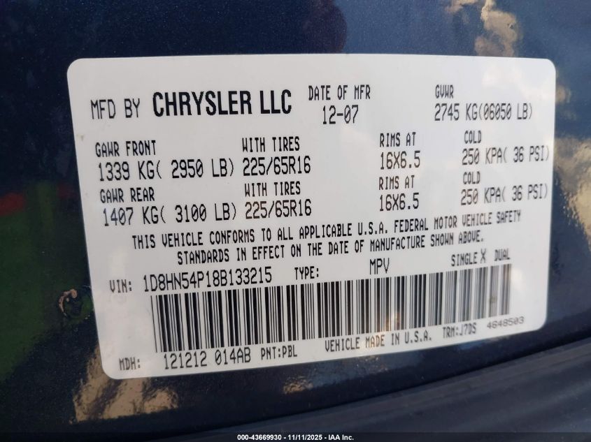 2008 Dodge Grand Caravan Sxt VIN: 1D8HN54P18B133215 Lot: 43669930