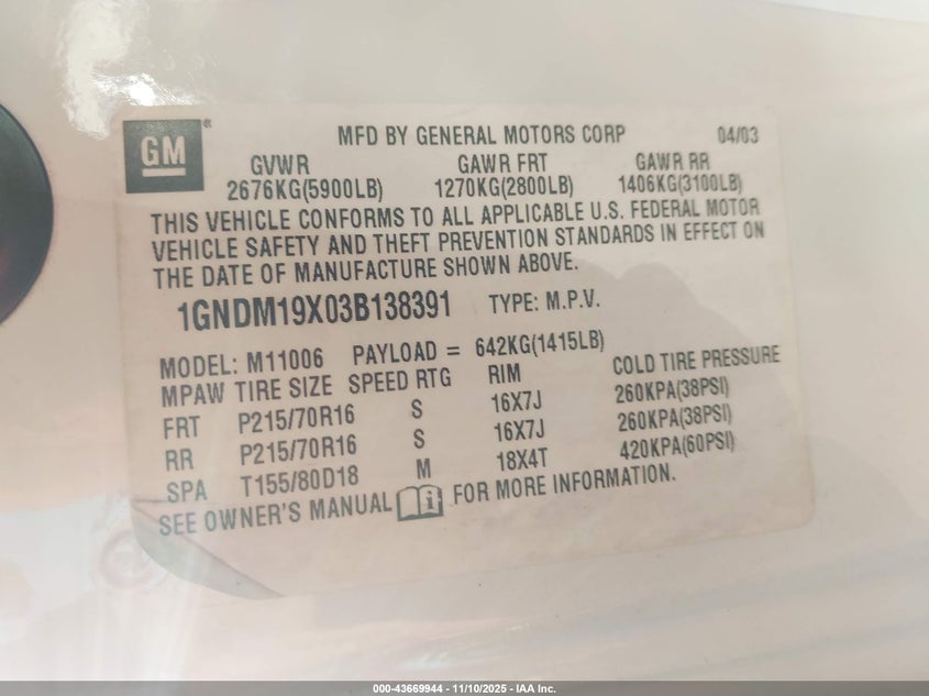 1GNDM19X03B138391 2003 CHEVROLET ASTRO photo no. 9