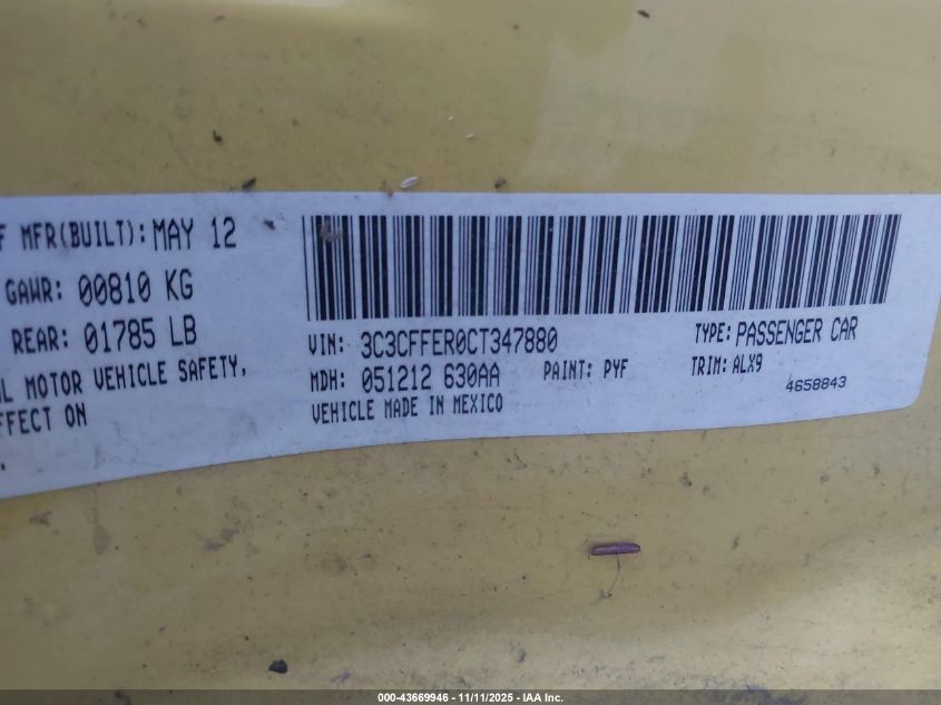 2012 Fiat 500C Lounge VIN: 3C3CFFER0CT347880 Lot: 43669946