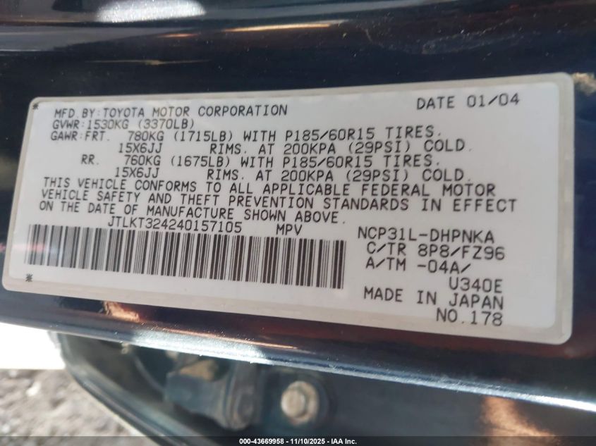 2004 Scion Xb VIN: JTLKT324240157105 Lot: 43669958