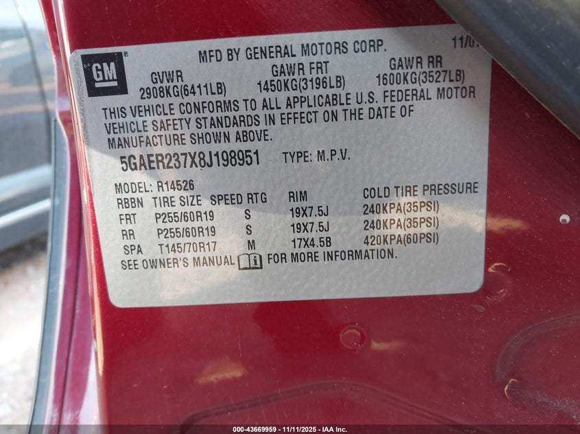 2008 Buick Enclave Cxl VIN: 5GAER237X8J198951 Lot: 43669959