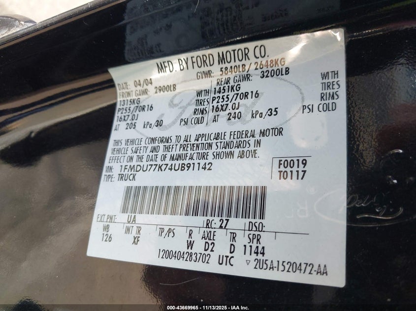 2004 Ford Explorer Sport Trac Adrenalin/Xls/Xlt VIN: 1FMDU77K74UB91142 Lot: 43669965