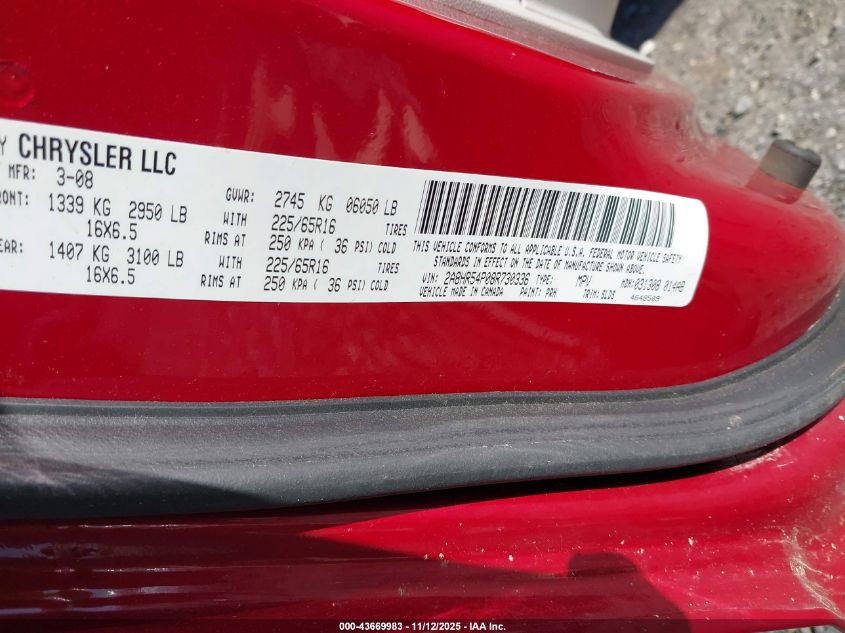 2008 Chrysler Town & Country Touring VIN: 2A8HR54P08R730336 Lot: 43669983