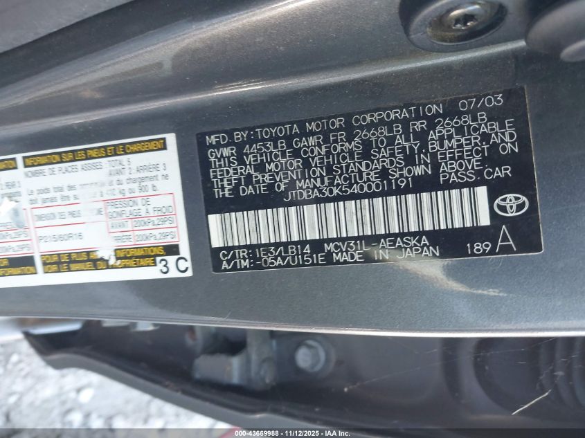 2004 Toyota Camry Se V6 VIN: JTDBA30K540001191 Lot: 43669988