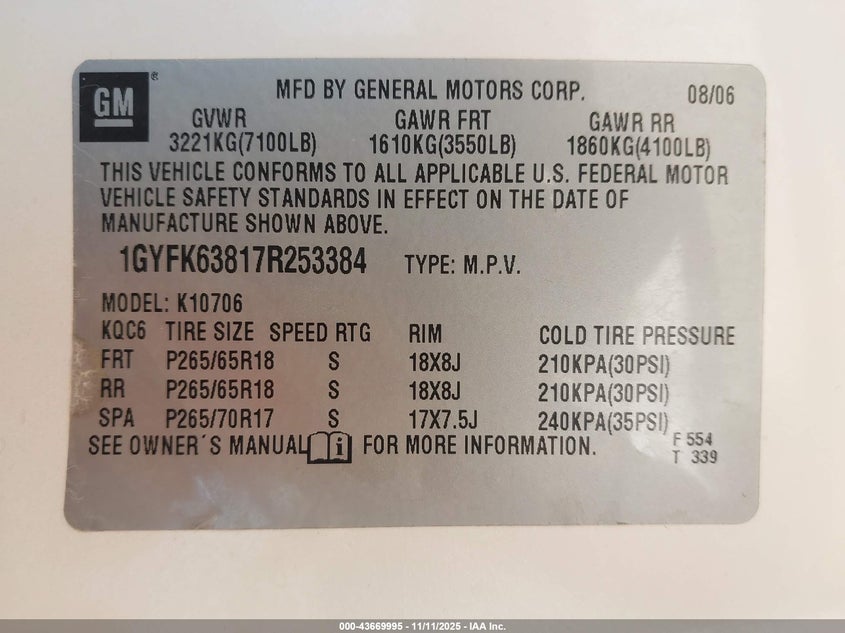 2007 Cadillac Escalade Standard VIN: 1GYFK63817R253384 Lot: 43669995