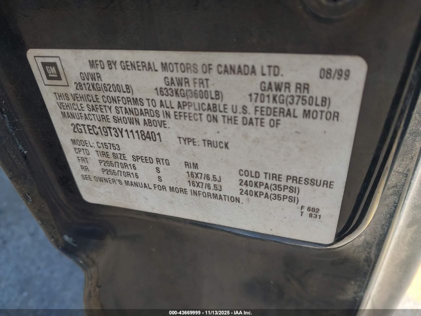 2000 GMC Sierra 1500 Sle VIN: 2GTEC19T3Y1118401 Lot: 43669999