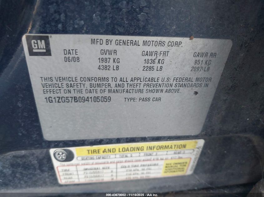 2009 Chevrolet Malibu Ls VIN: 1G1ZG57B094105059 Lot: 43670002