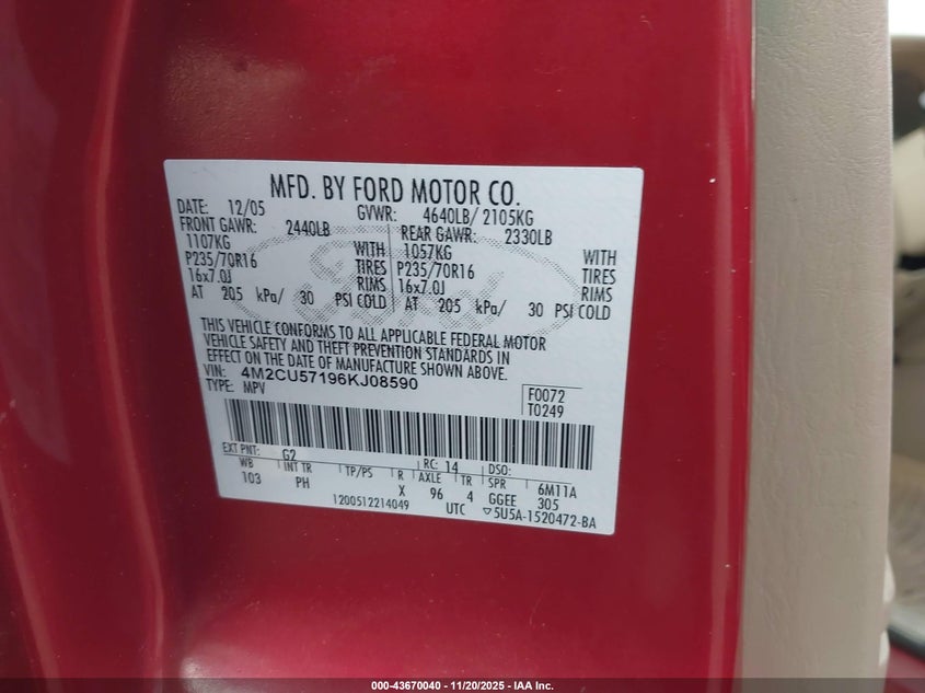 2006 Mercury Mariner Luxury/Premier VIN: 4M2CU57196KJ08590 Lot: 43670040