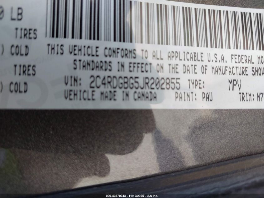 2018 Dodge Grand Caravan Se Plus VIN: 2C4RDGBG5JR202855 Lot: 43670043
