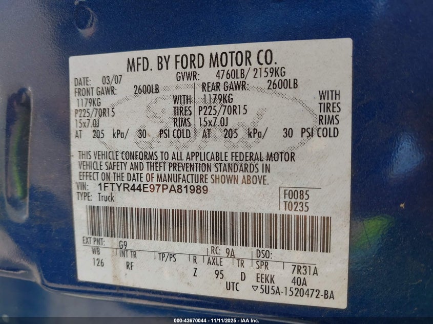 2007 Ford Ranger Sport/Stx/Xlt VIN: 1FTYR44E97PA81989 Lot: 43670044