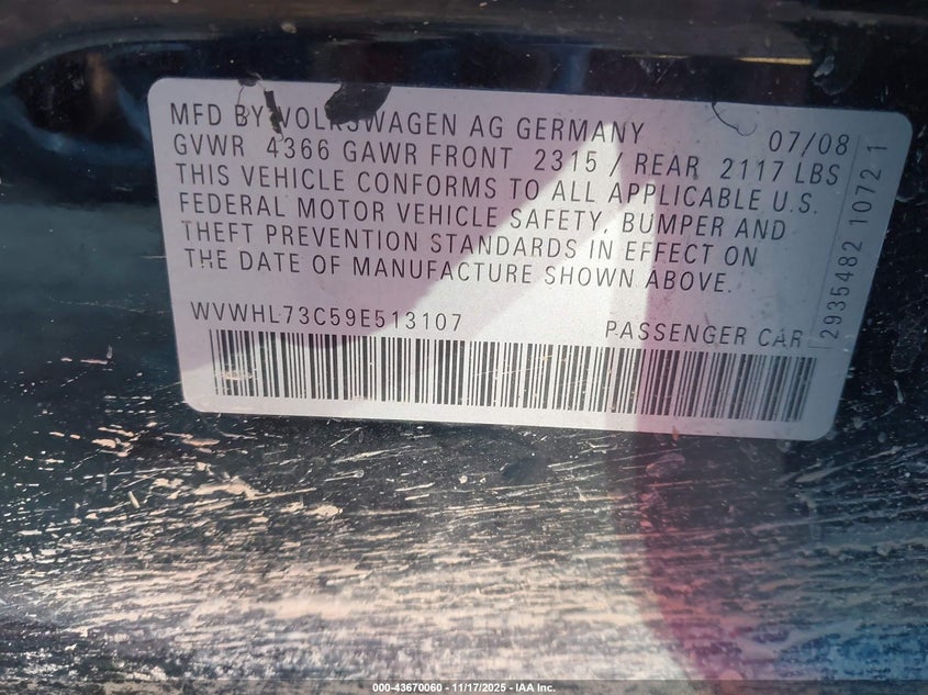 2009 Volkswagen Cc Luxury VIN: WVWHL73C59E513107 Lot: 43670060