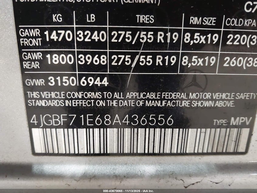 2008 Mercedes-Benz Gl 450 4Matic VIN: 4JGBF71E68A436556 Lot: 43670065