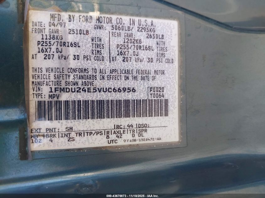 1997 Ford Explorer Sport/Xl VIN: 1FMDU24E5VUC66956 Lot: 43670073