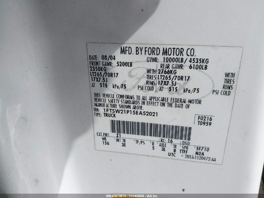 2005 Ford F-250 Lariat/Xl/Xlt VIN: 1FTSW21P15EA52021 Lot: 43670074