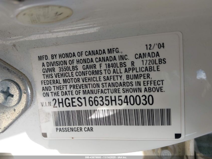 2005 Honda Civic Lx VIN: 2HGES16635H540030 Lot: 43670080