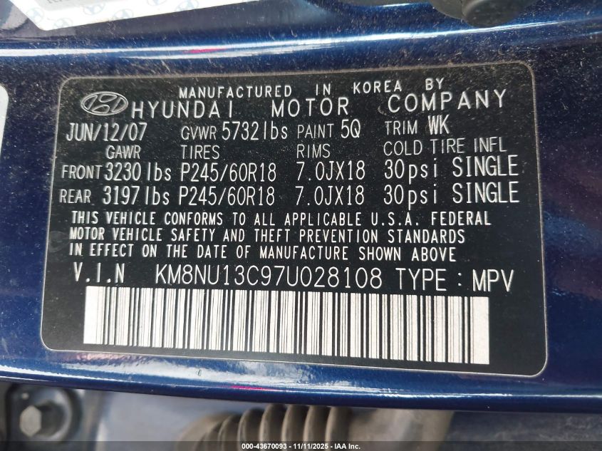 2007 Hyundai Veracruz Gls/Limited/Se VIN: KM8NU13C97U028108 Lot: 43670093