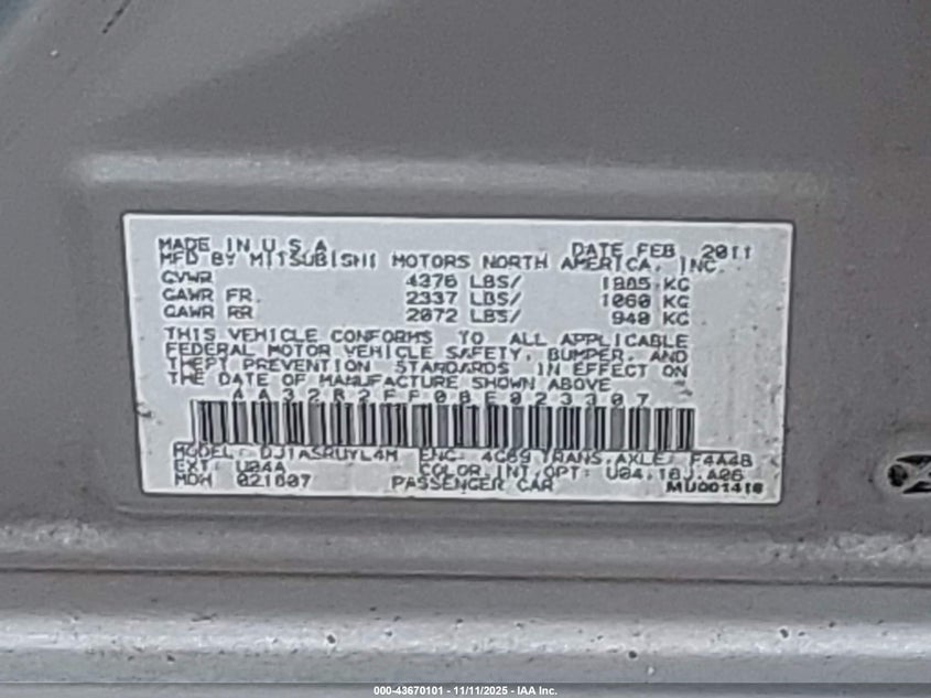 4A32B2FF0BE023307 2011 MITSUBISHI GALANT photo no. 9